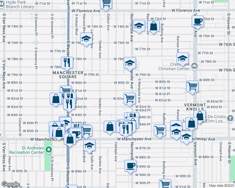 map of restaurants, bars, coffee shops, grocery stores, and more near 8110 South Halldale Avenue in Los Angeles