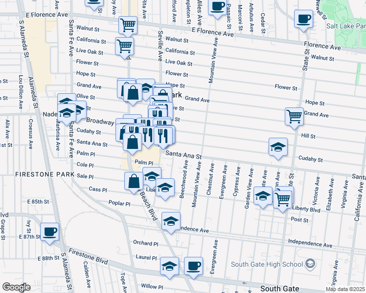map of restaurants, bars, coffee shops, grocery stores, and more near 2806 Cudahy Street in Huntington Park
