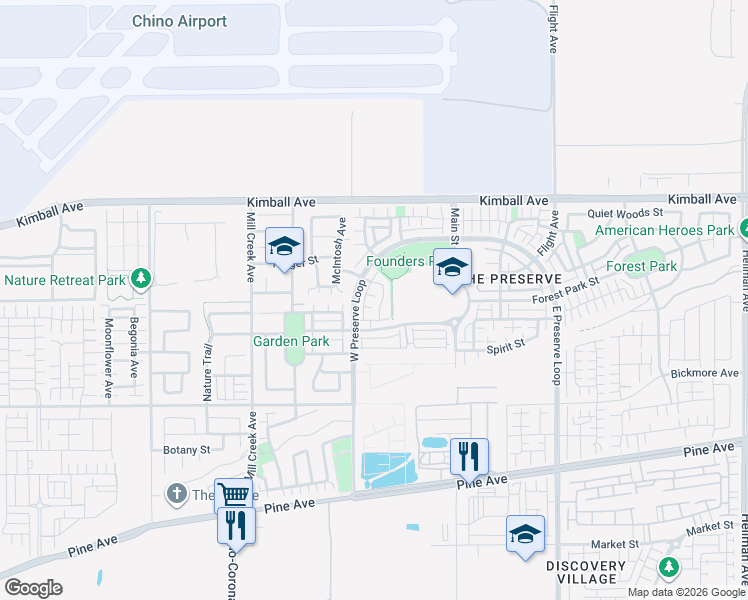 map of restaurants, bars, coffee shops, grocery stores, and more near 15889 Birdfeeder Lane in Chino