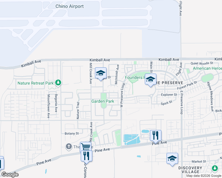 map of restaurants, bars, coffee shops, grocery stores, and more near 8029 Spencer Street in Chino