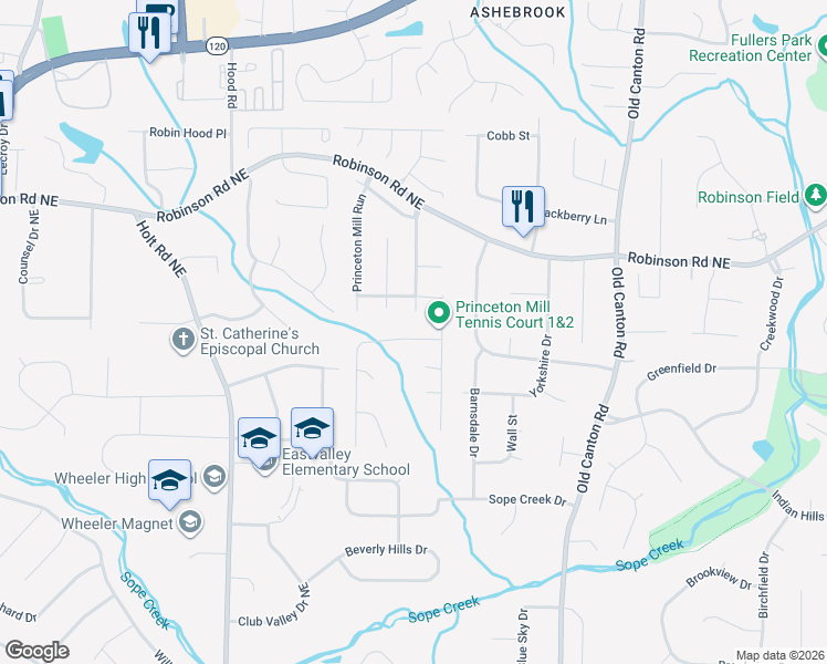 map of restaurants, bars, coffee shops, grocery stores, and more near 2799 Lawrence Mill Run in Marietta