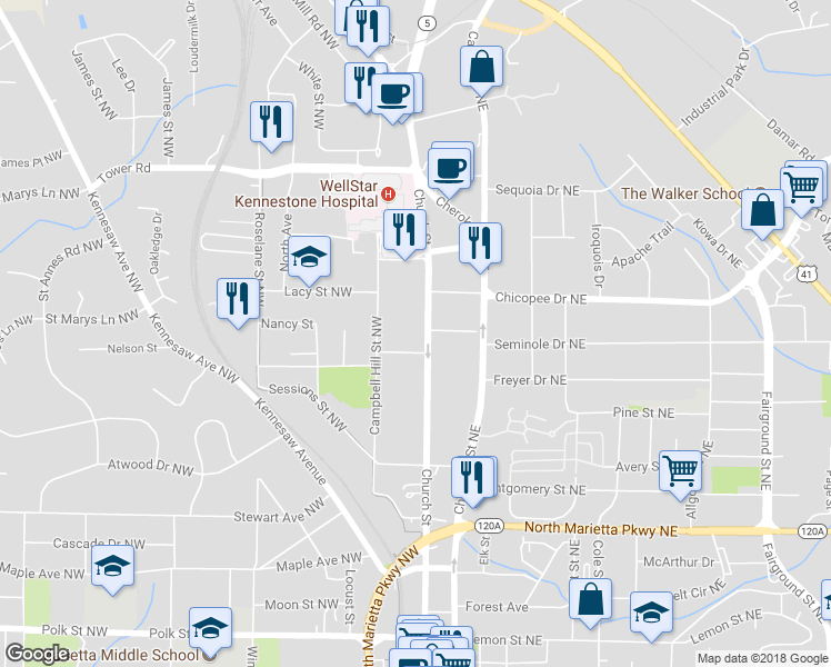 map of restaurants, bars, coffee shops, grocery stores, and more near 551 Church Street in Marietta