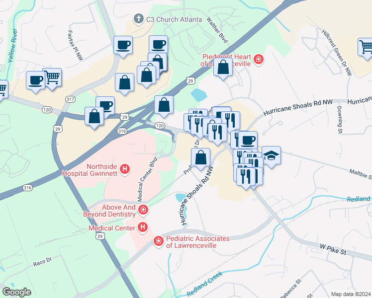 map of restaurants, bars, coffee shops, grocery stores, and more near 575 Professional Drive in Lawrenceville