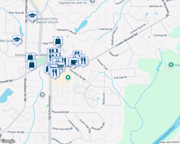 map of restaurants, bars, coffee shops, grocery stores, and more near 672 Highland Court in Marietta