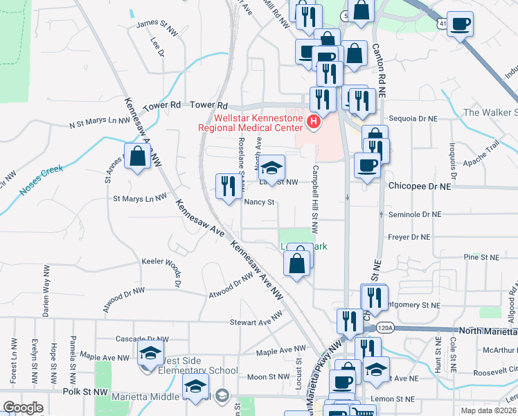 map of restaurants, bars, coffee shops, grocery stores, and more near 579 Nancy Street in Marietta
