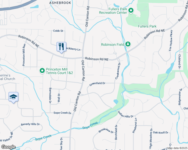 map of restaurants, bars, coffee shops, grocery stores, and more near 3199 Old Canton Court in Marietta
