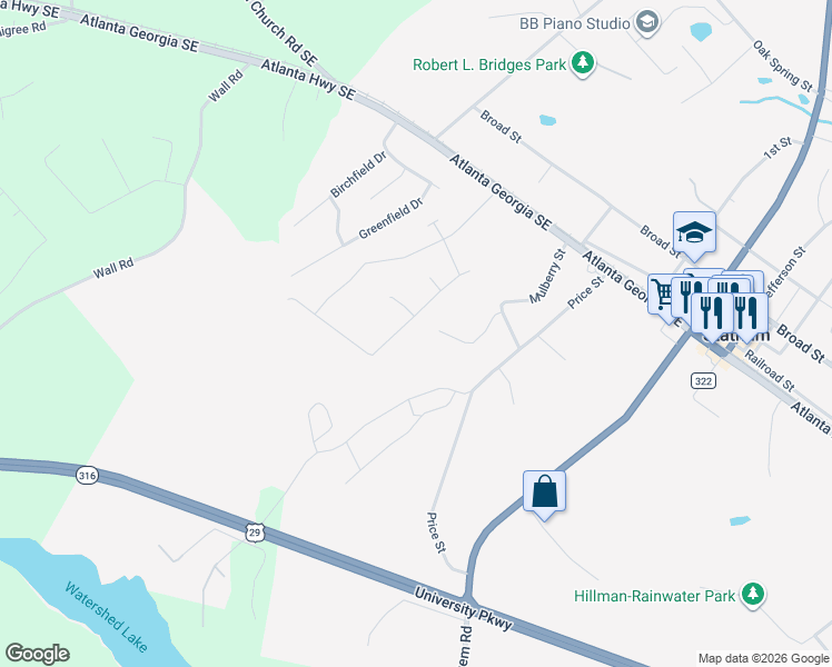 map of restaurants, bars, coffee shops, grocery stores, and more near 521 Lillian Way in Statham