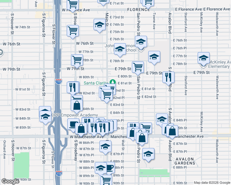 map of restaurants, bars, coffee shops, grocery stores, and more near 130 East 82nd Street in Los Angeles