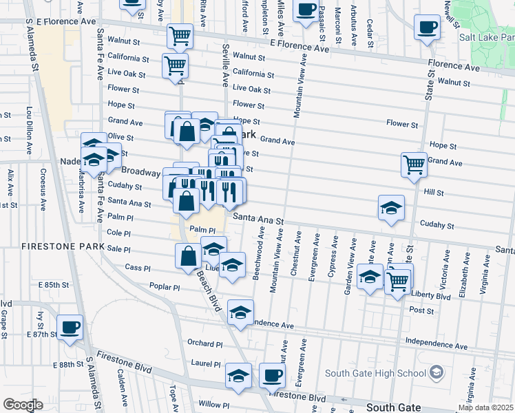 map of restaurants, bars, coffee shops, grocery stores, and more near 2806 Cudahy Street in Huntington Park