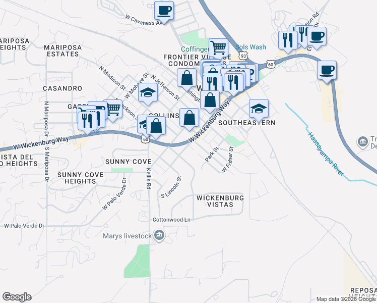 map of restaurants, bars, coffee shops, grocery stores, and more near 148 South Jackson Street in Wickenburg