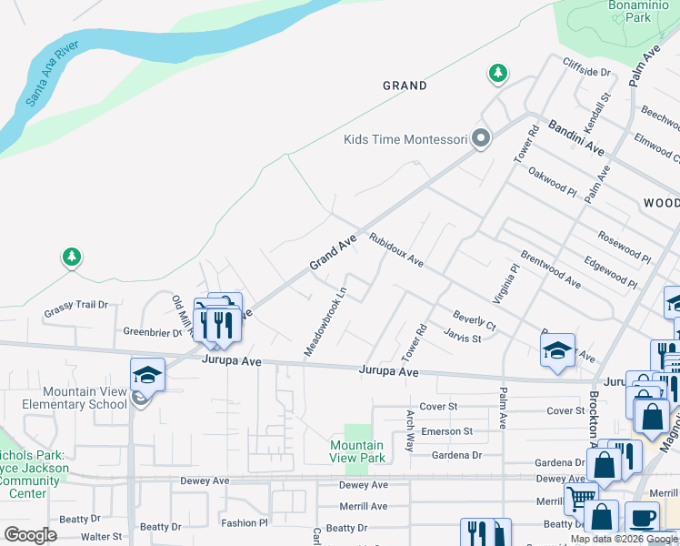 map of restaurants, bars, coffee shops, grocery stores, and more near 4936 Wilton Place in Riverside
