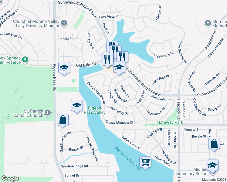 map of restaurants, bars, coffee shops, grocery stores, and more near 10671 Mendoza Road in Moreno Valley