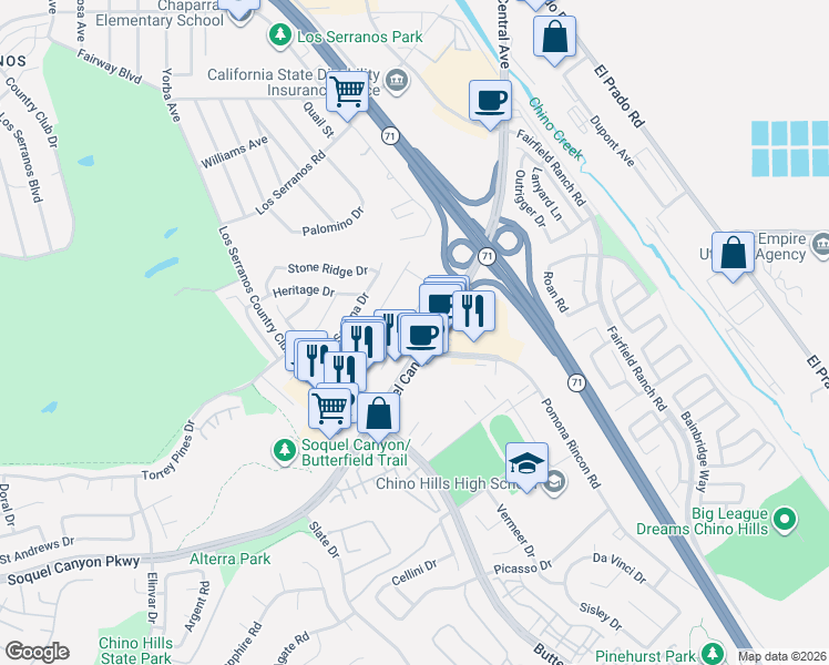 map of restaurants, bars, coffee shops, grocery stores, and more near 15849 Ellington Way in Chino Hills