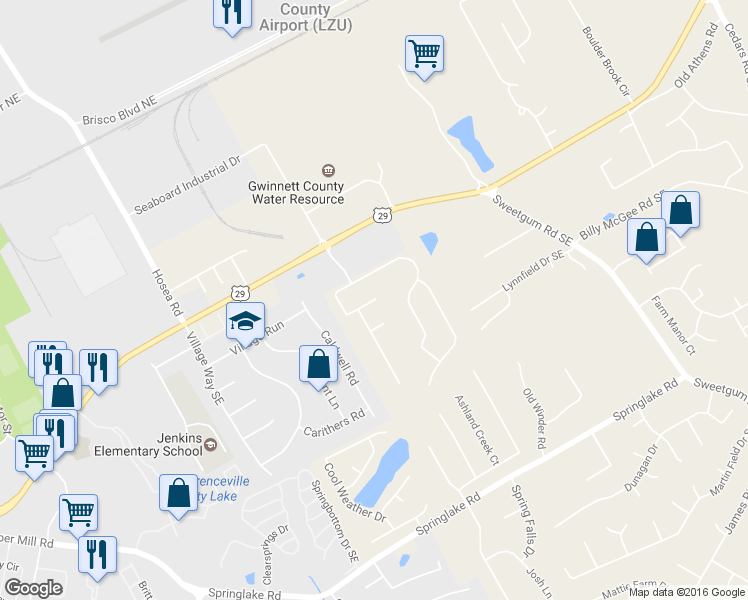 map of restaurants, bars, coffee shops, grocery stores, and more near 445 Amelia Grove Lane Southeast in Lawrenceville