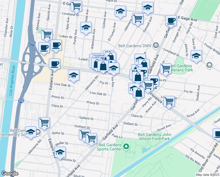 map of restaurants, bars, coffee shops, grocery stores, and more near 6051 Live Oak Street in Bell Gardens