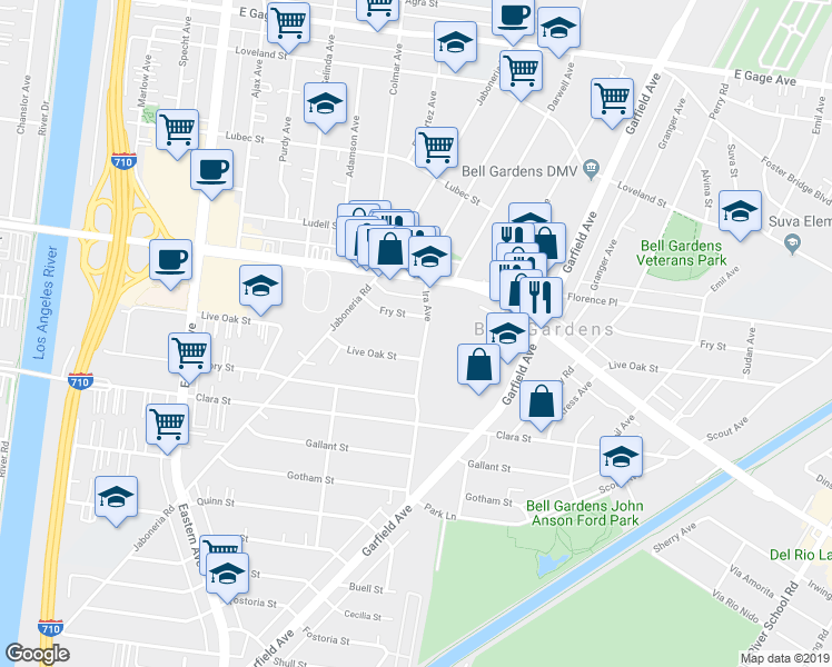 map of restaurants, bars, coffee shops, grocery stores, and more near 7411 Ira Avenue in Bell Gardens
