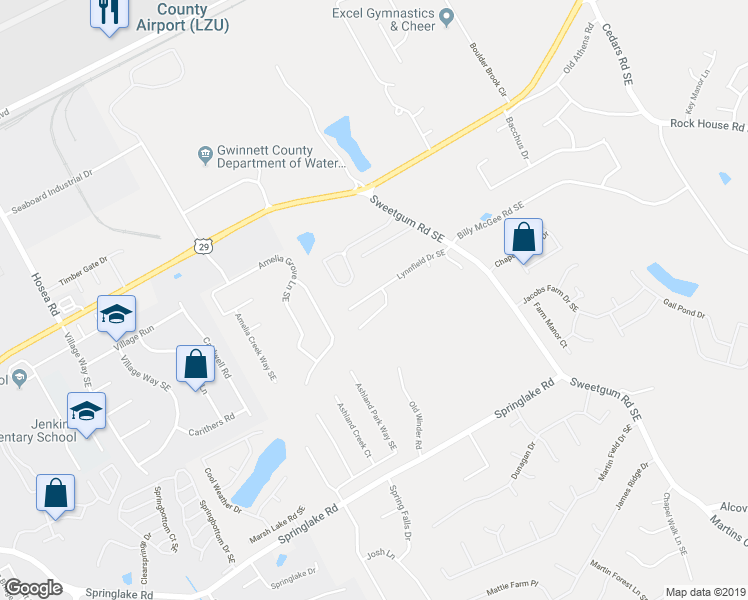 map of restaurants, bars, coffee shops, grocery stores, and more near 659 Lynnfield Drive Southeast in Lawrenceville