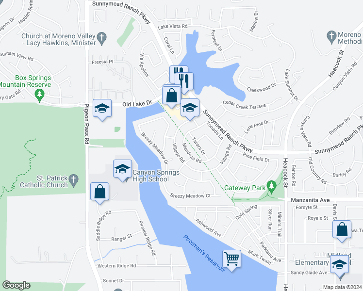 map of restaurants, bars, coffee shops, grocery stores, and more near 10671 Mendoza Road in Moreno Valley