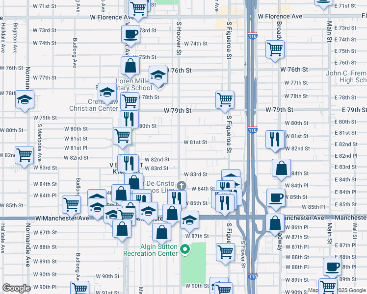 map of restaurants, bars, coffee shops, grocery stores, and more near 8108 South Hoover Street in Los Angeles