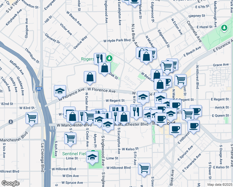 map of restaurants, bars, coffee shops, grocery stores, and more near 319 West Regent Street in Inglewood