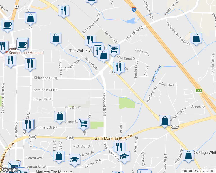 map of restaurants, bars, coffee shops, grocery stores, and more near 568 Fairground Street Northeast in Marietta