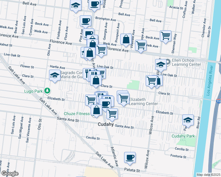 map of restaurants, bars, coffee shops, grocery stores, and more near 4654 Clara Street in Cudahy