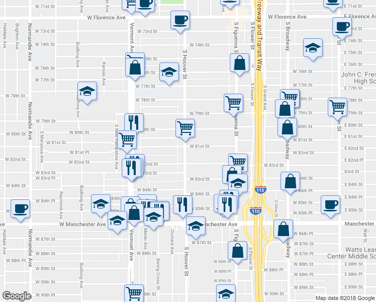 map of restaurants, bars, coffee shops, grocery stores, and more near 8108 South Hoover Street in Los Angeles