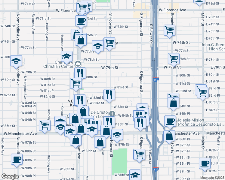 map of restaurants, bars, coffee shops, grocery stores, and more near 8108 South Hoover Street in Los Angeles