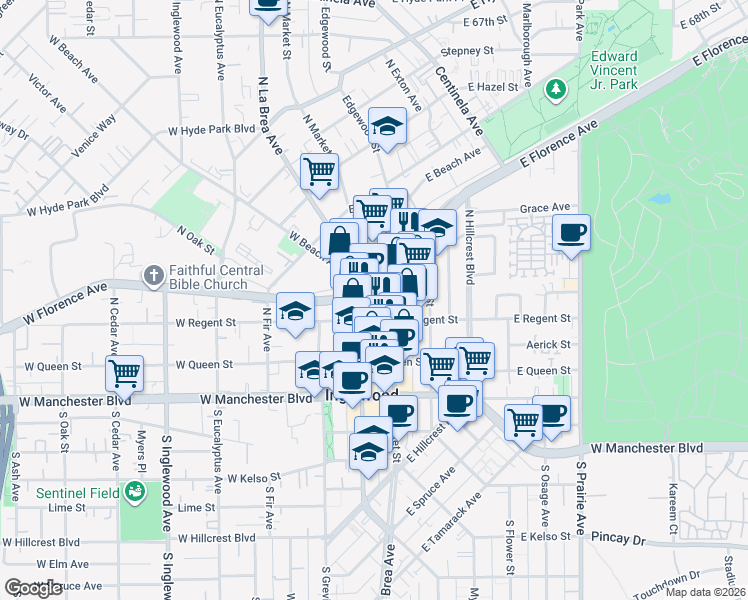 map of restaurants, bars, coffee shops, grocery stores, and more near 204 East Regent Street in Inglewood