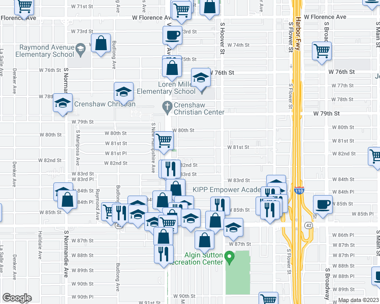 map of restaurants, bars, coffee shops, grocery stores, and more near 918 West 81st Street in Los Angeles