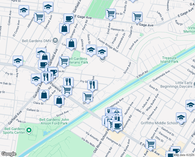 map of restaurants, bars, coffee shops, grocery stores, and more near 6818 Florence Place in Bell Gardens