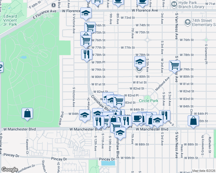 map of restaurants, bars, coffee shops, grocery stores, and more near 3208 West 81st Street in Inglewood
