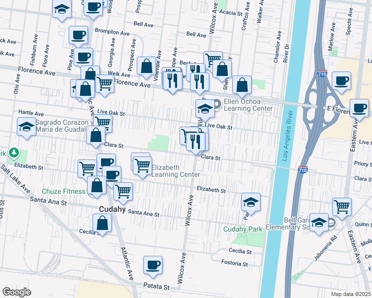 map of restaurants, bars, coffee shops, grocery stores, and more near 4950 Clara Street in Cudahy