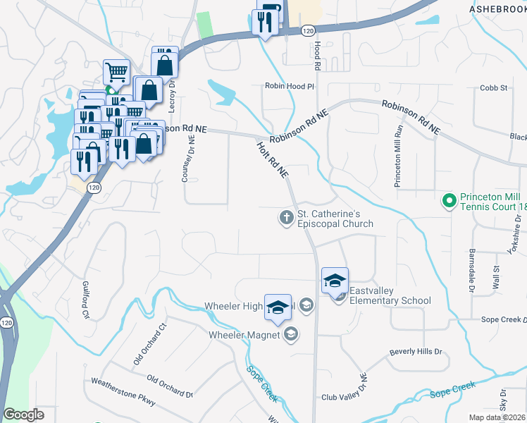 map of restaurants, bars, coffee shops, grocery stores, and more near 2412 Montclair Park Lane in Marietta