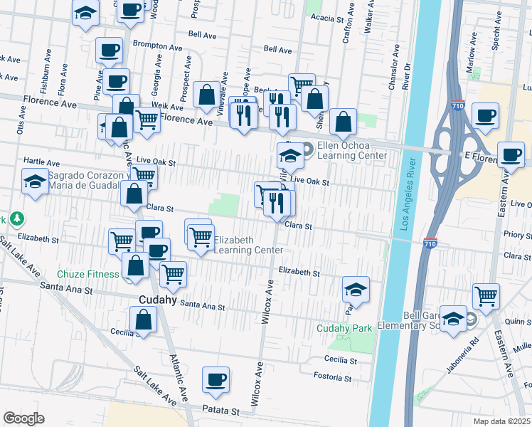 map of restaurants, bars, coffee shops, grocery stores, and more near 4950 Clara Street in Cudahy