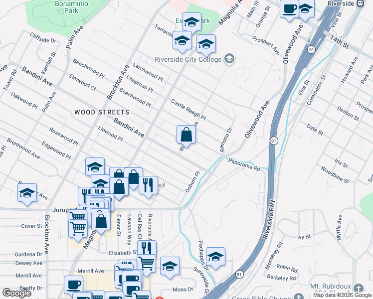 map of restaurants, bars, coffee shops, grocery stores, and more near 3594 Bandini Avenue in Riverside