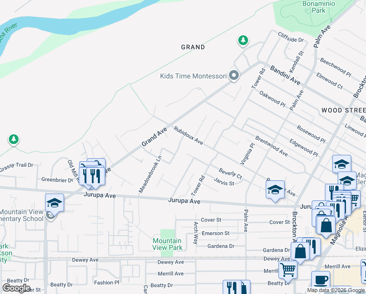 map of restaurants, bars, coffee shops, grocery stores, and more near 4818 Beverly Court in Riverside