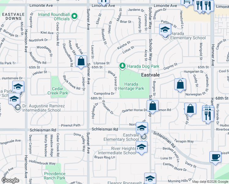 map of restaurants, bars, coffee shops, grocery stores, and more near 6808 Lokai Court in Corona