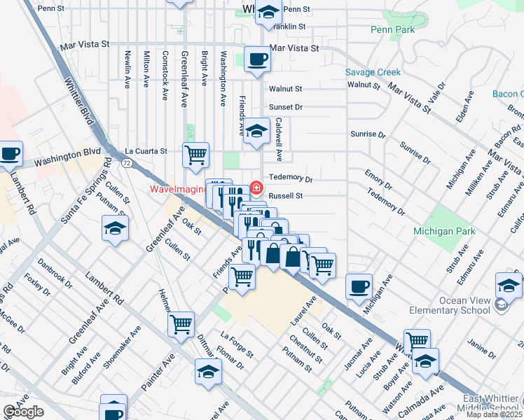 map of restaurants, bars, coffee shops, grocery stores, and more near 13422 Valna Drive in Whittier