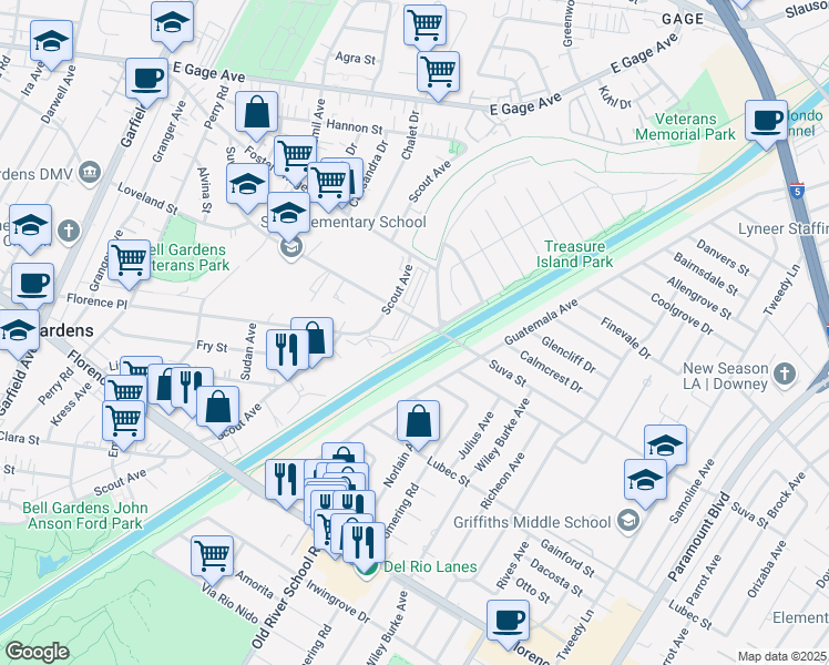 map of restaurants, bars, coffee shops, grocery stores, and more near 8 South Bluff Road in Downey