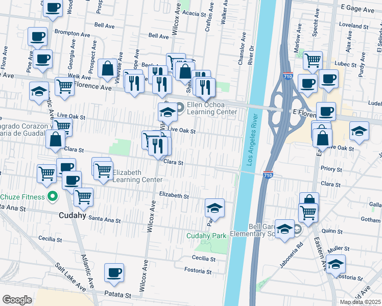 map of restaurants, bars, coffee shops, grocery stores, and more near 5117 Clara Street in Bell Gardens