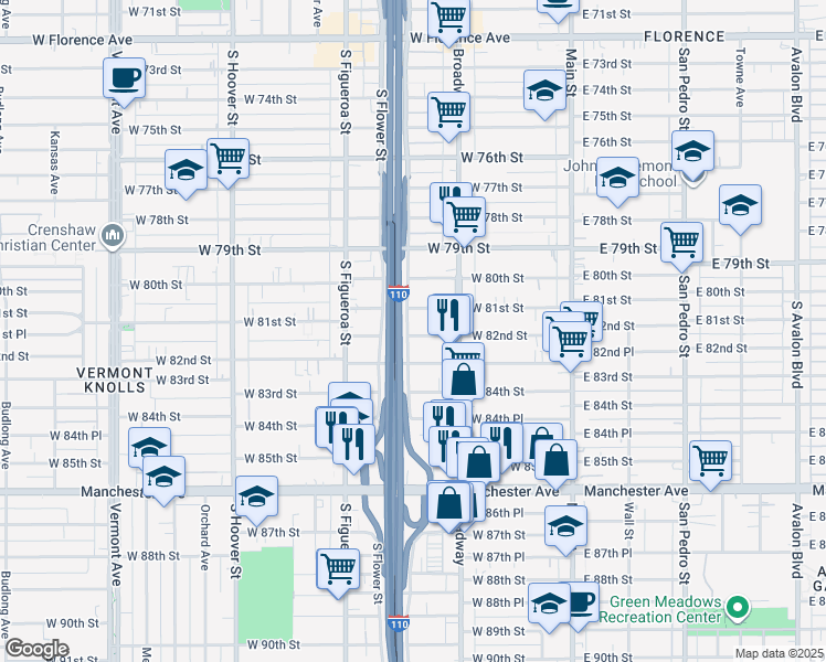 map of restaurants, bars, coffee shops, grocery stores, and more near 329 West 83rd Street in Los Angeles