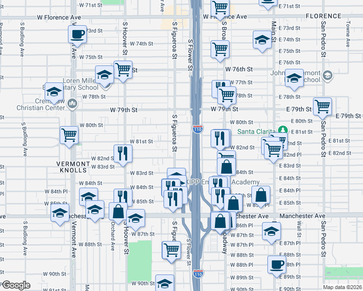 map of restaurants, bars, coffee shops, grocery stores, and more near 8226 South Figueroa Street in Los Angeles