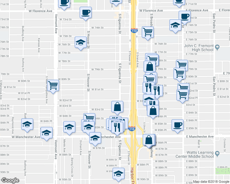 map of restaurants, bars, coffee shops, grocery stores, and more near 533 West 82nd Street in Los Angeles