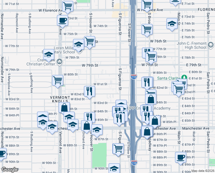 map of restaurants, bars, coffee shops, grocery stores, and more near 533 West 82nd Street in Los Angeles