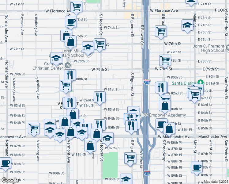 map of restaurants, bars, coffee shops, grocery stores, and more near 641 West 82nd Street in Los Angeles