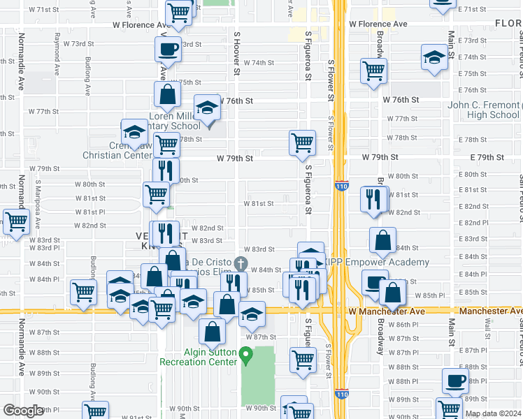 map of restaurants, bars, coffee shops, grocery stores, and more near 641 West 82nd Street in Los Angeles