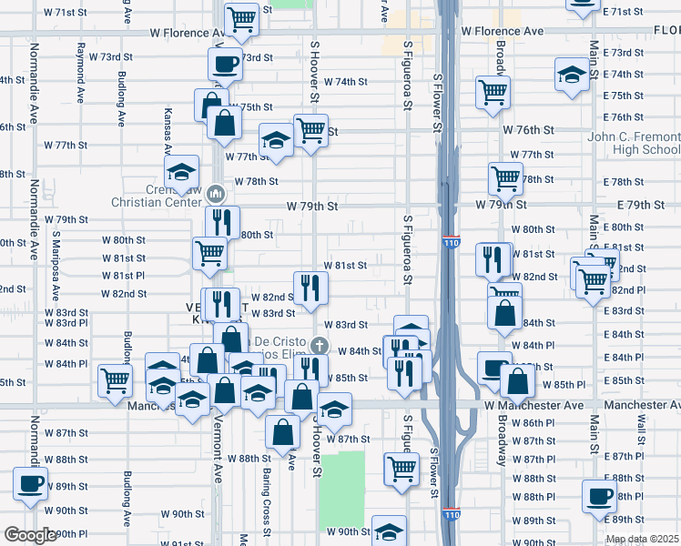 map of restaurants, bars, coffee shops, grocery stores, and more near 641 West 82nd Street in Los Angeles