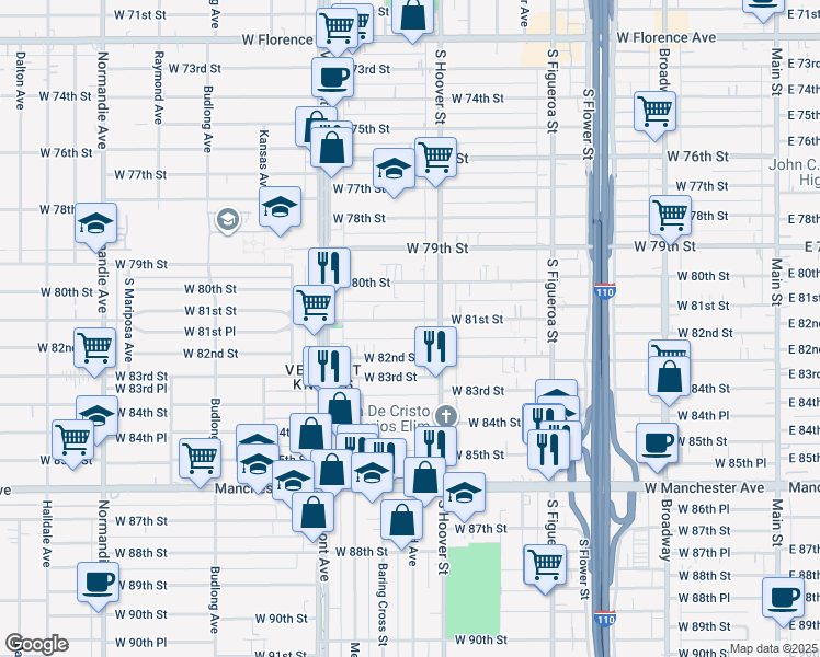 map of restaurants, bars, coffee shops, grocery stores, and more near 835 West 82nd Street in Los Angeles