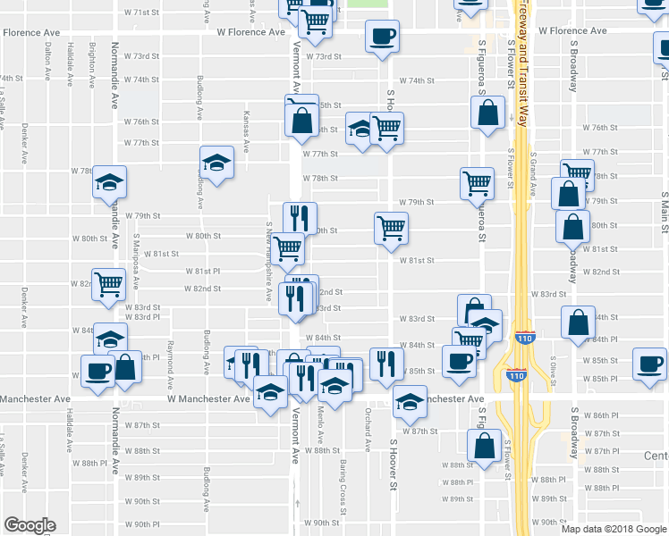 map of restaurants, bars, coffee shops, grocery stores, and more near 921 West 82nd Street in Los Angeles